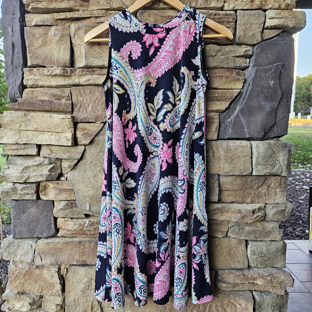 Égs Sleeveless Paisley A-Line Dress Women’s S Pink Teal Yellow Black Stretch
